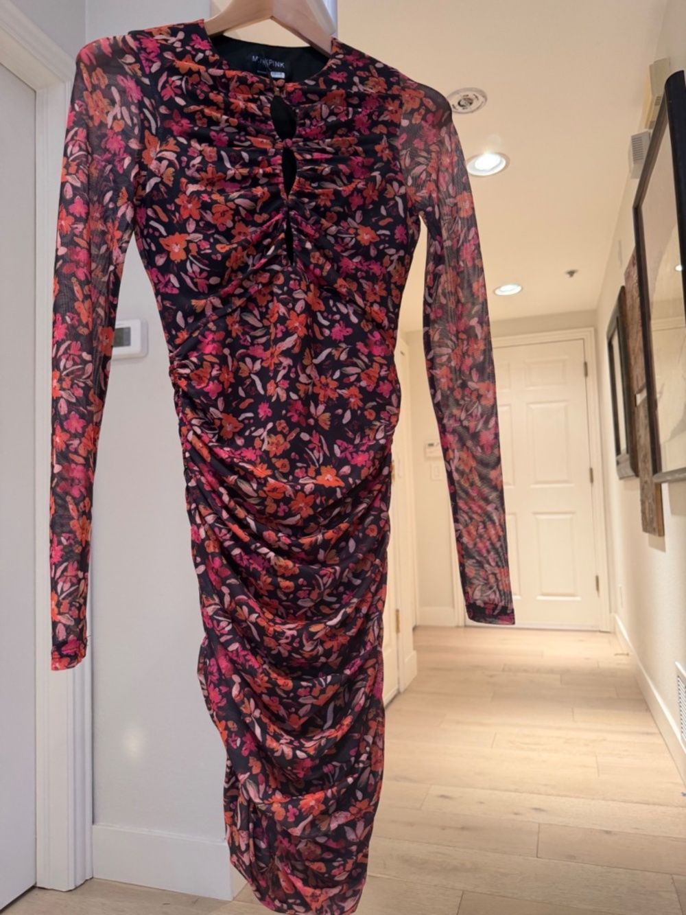 MINKPINK Floral Ruched Mesh Long Sleeve Midi Dress S